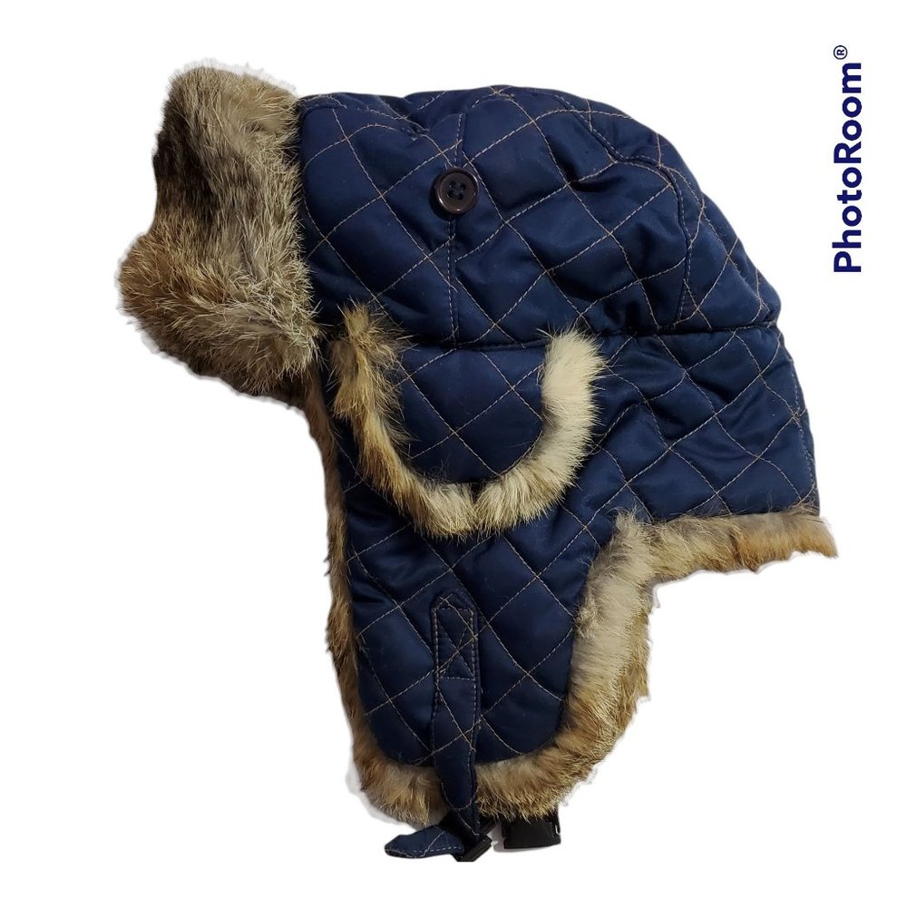 J. McLaughlin Fur Trim Aviator Style Hat Blue Quilted Size XS/ S